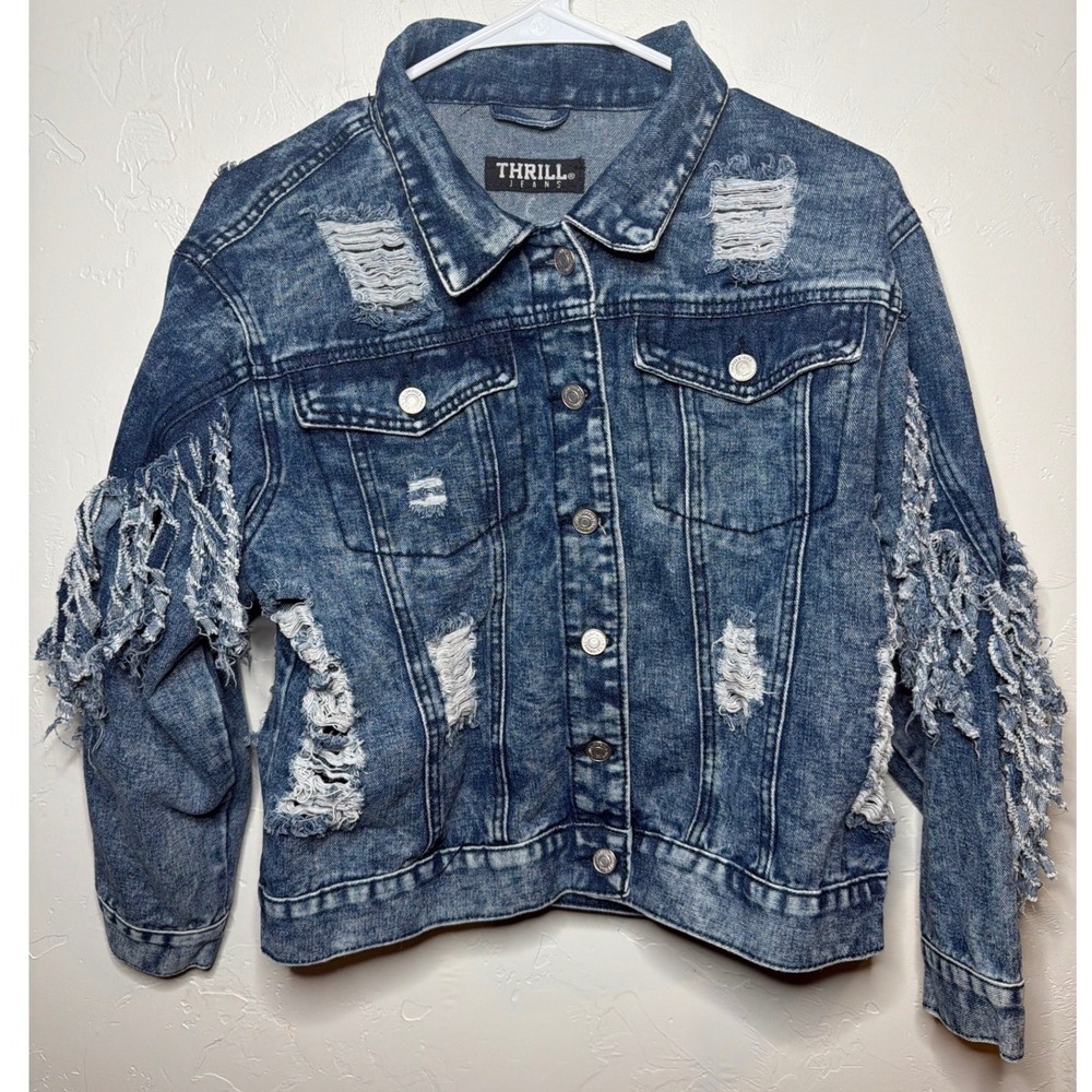 Thrill Jeans Distressed Denim Jacket Medium Acid Wash Fringe‎ Shredded Womens L